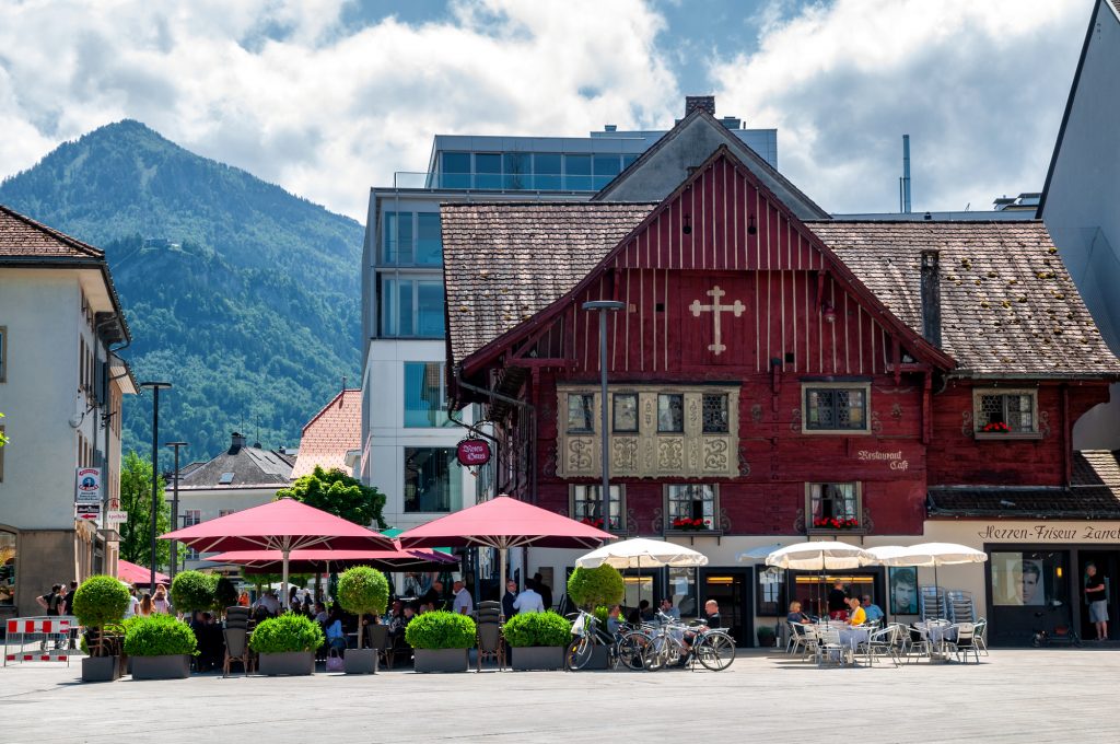 Street View of famous landmark "Rotes Haus" / Red House in Dornbirn