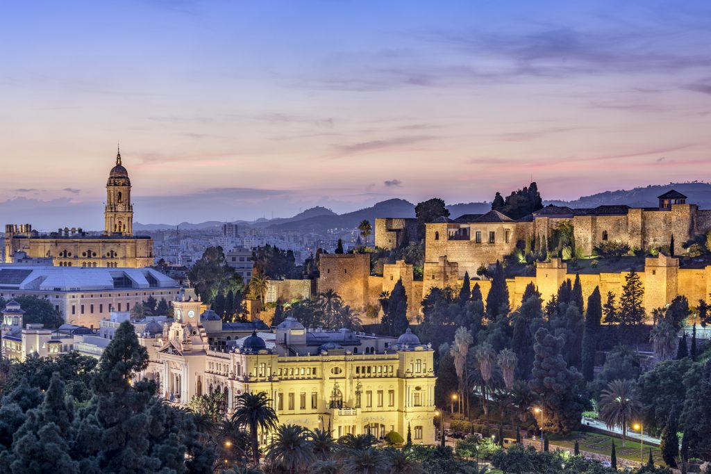 night-time scene of malaga city scape near the city hall and cathedral